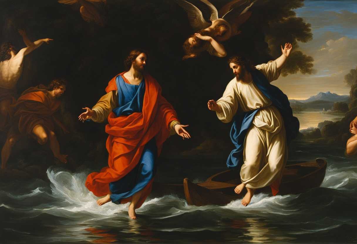 Peter-walks-on-water-towards-Jesus-wavering-in-faith-while-Jesus-stands-calmly-unwavering_qtae