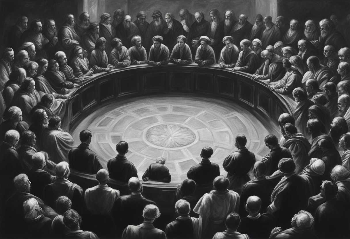 People-in-circle-heads-bowed-in-prayer-serene-unity-forgiveness-compassion-timeless-black-and-w_ivwu