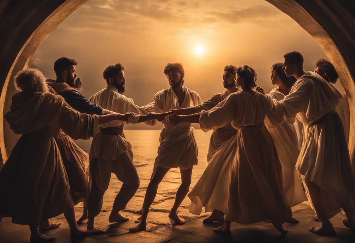 A-diverse-group-in-a-circle-at-sunset-tension-and-hope-outstretched-hand-and-clenched-fists_mmvk