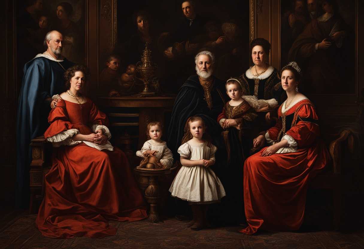 An-ancient-family-portrait-in-a-dimly-lit-room-showcasing-generations-of-wisdom-and-power_gfur