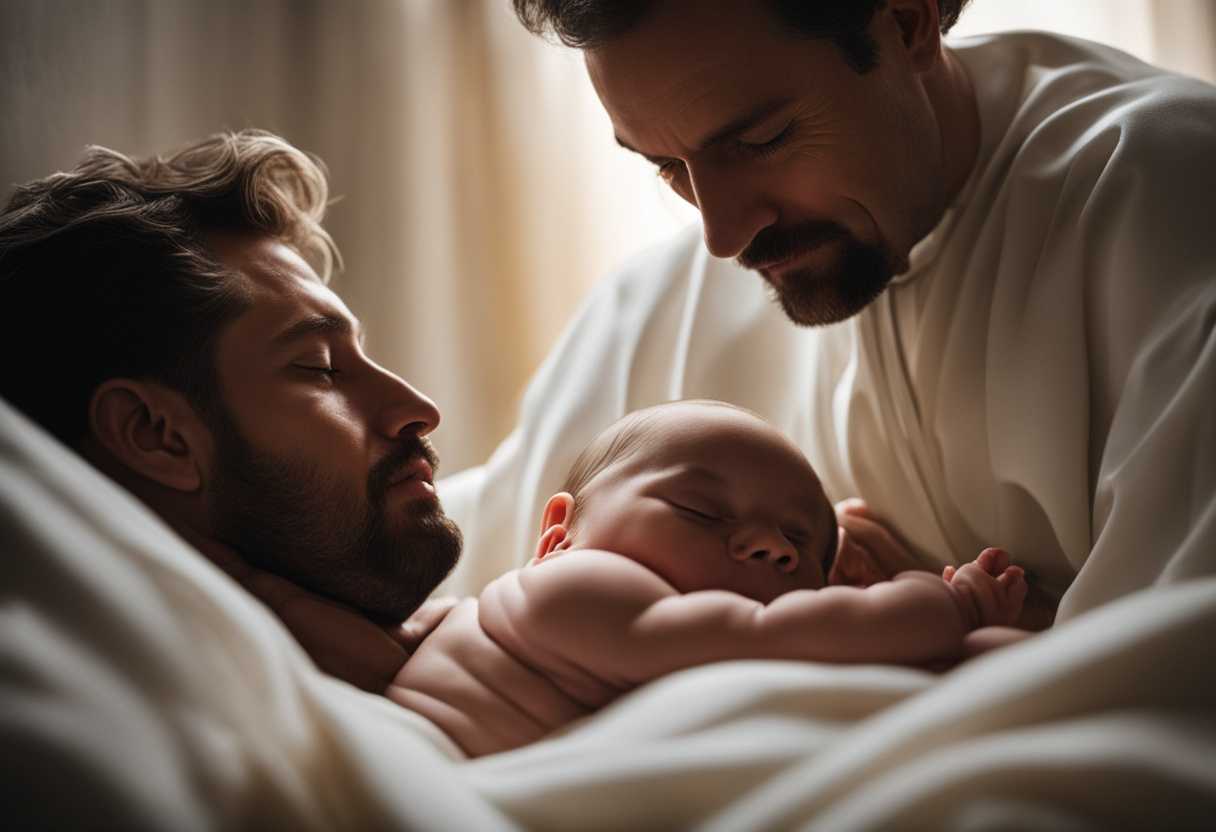 Father-gazes-at-newborn-in-soft-light-embodying-pure-love-and-timeless-connection_sqgl
