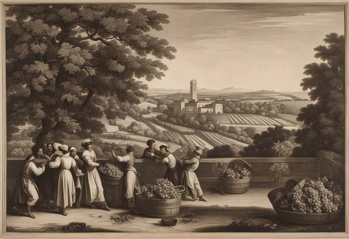 Master-of-vineyard-oversees-workers-servants-carry-fruit-framed-by-fence-tower-in-background_mbha