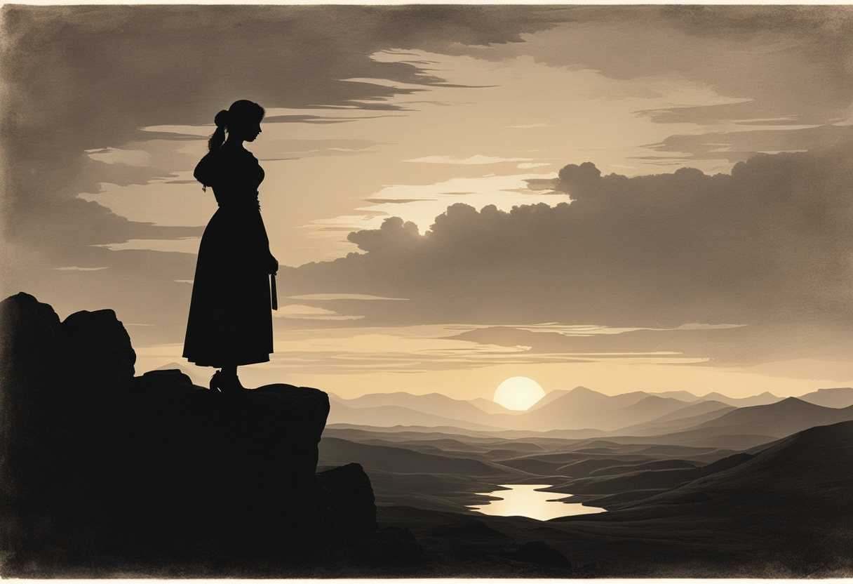 Solitary-woman-in-barren-landscape-at-sunset-silhouette-against-sun-deep-in-thought_efko