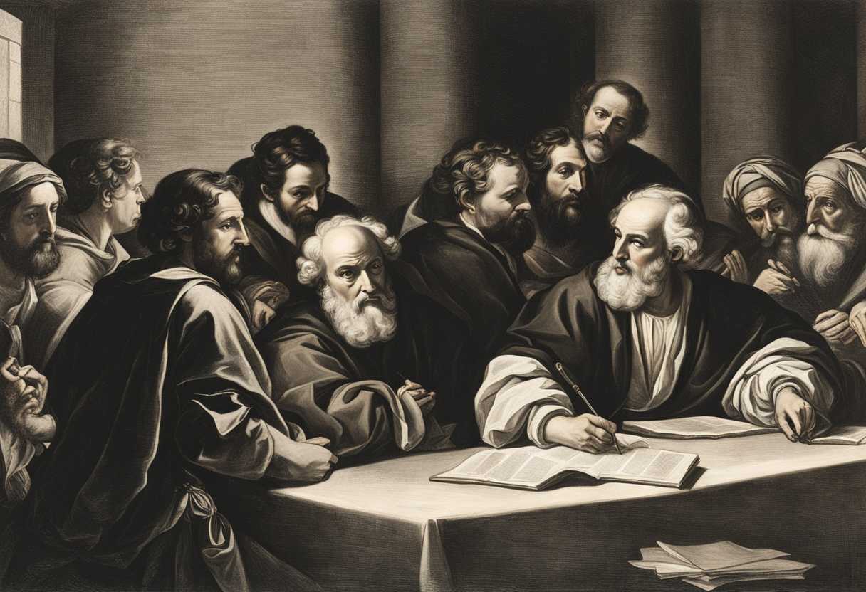 Scribes-and-Pharisees-debate-under-dramatic-lighting-exuding-authority-and-solemnity-in-ancient-set_afen