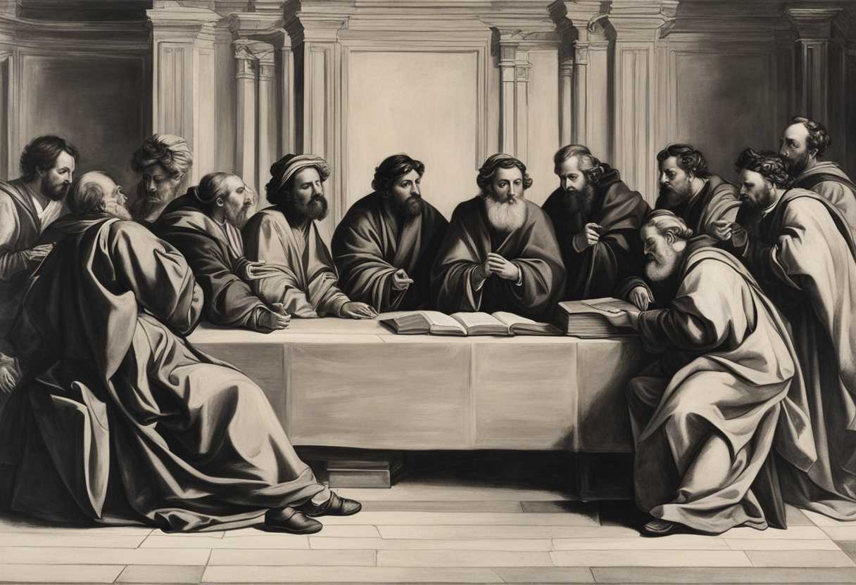 Scribes-and-Pharisees-in-traditional-robes-seated-authoritatively-discussing-religious-matters-wit_uohd
