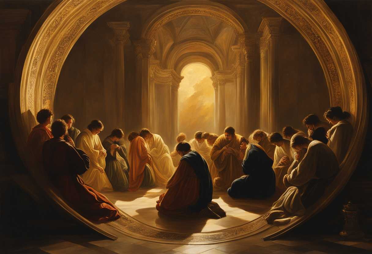 People-in-circle-heads-bowed-in-prayer-bathed-in-golden-light-united-in-faith_oyse