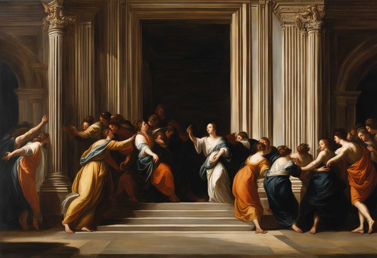 Virgins-with-hopeful-faces-reach-towards-closed-door-bathed-in-soft-light-calling-out_ovoh