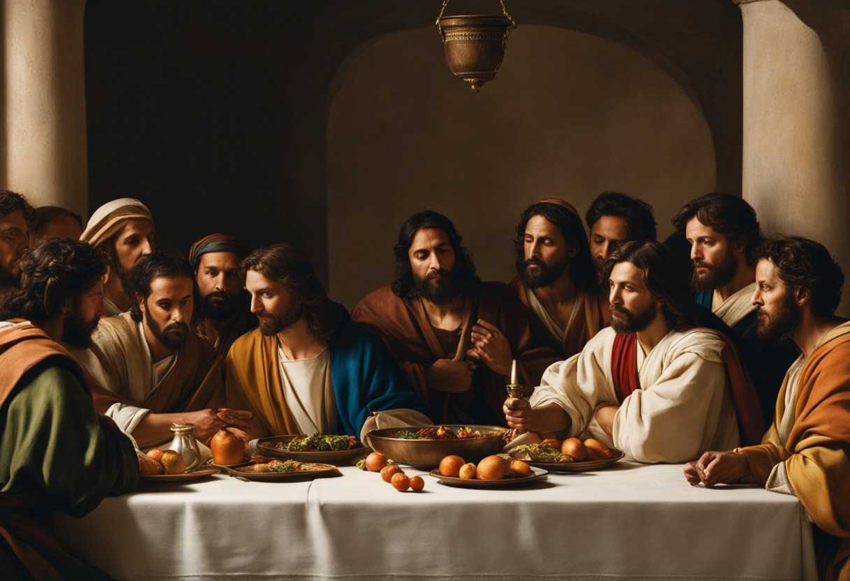 Jesus-and-disciples-share-Passover-meal-tense-and-emotional-sorrowful-expressions-significant-lig_kksr