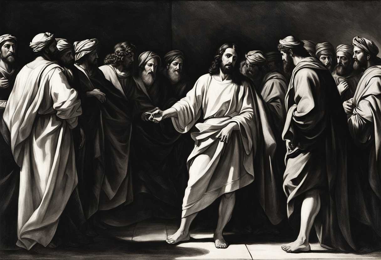 Tense-biblical-confrontation-Jesus-Peter-Caiaphas-scribes-elders-guards-chief-priests-in-shad_sgzp