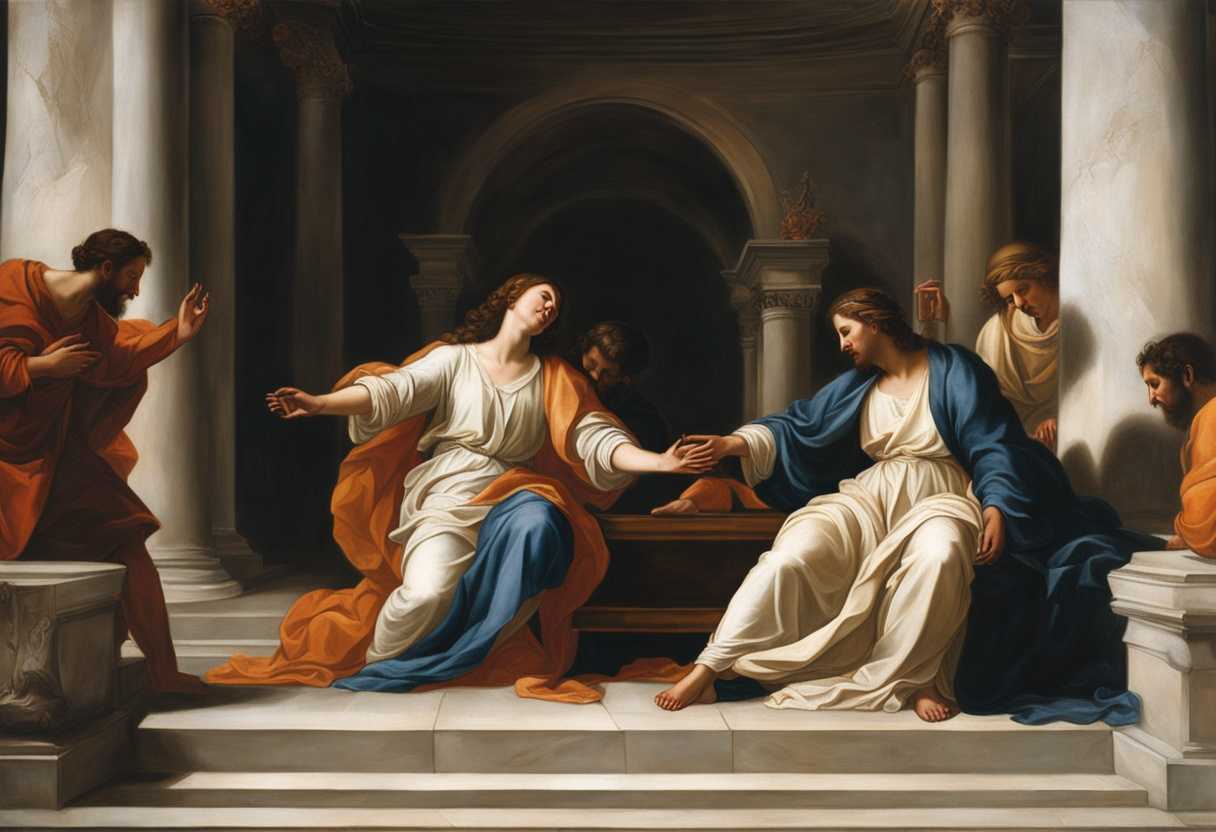 Women-at-tomb-show-fear-and-joy-quickly-leaving-meet-serene-Jesus-worshipfully-holding-his-feet_uctk