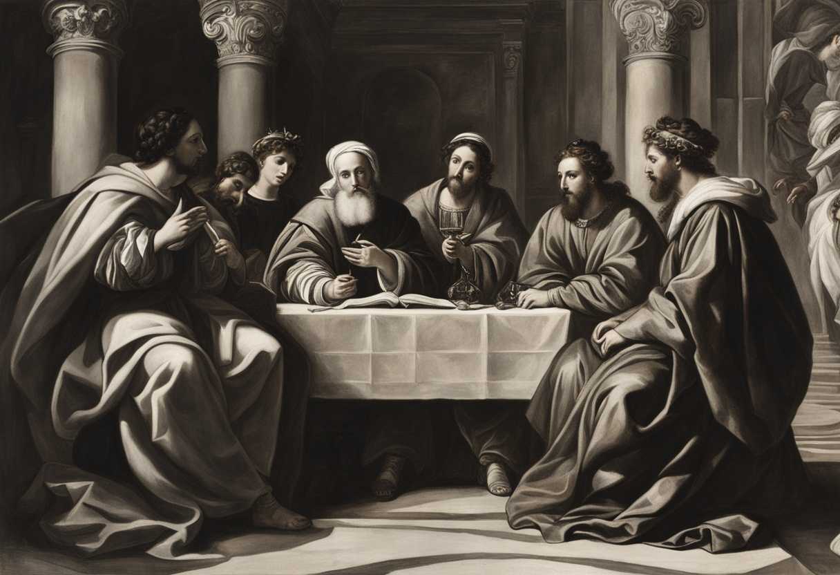 A-scene-of-wise-men-Herod-priests-Jesus-Mary-Joseph-and-an-angel-in-rich-robes-conferencing-w_pssb