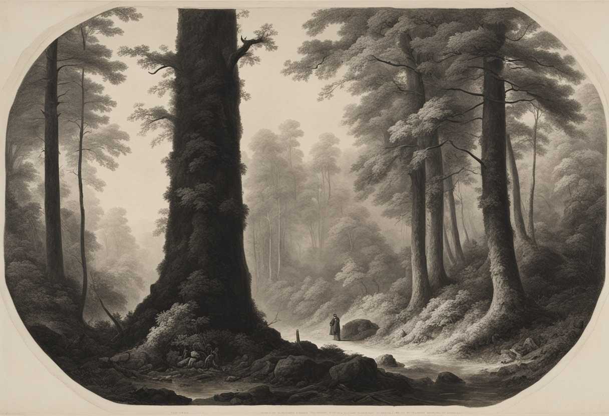 A-lone-axe-poised-at-the-base-of-towering-trees-in-a-dense-forest_ycwc