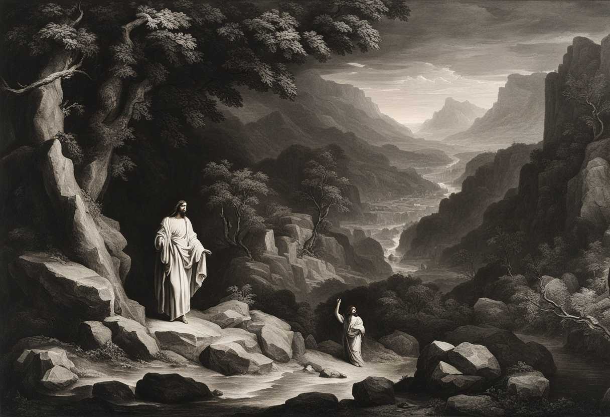 Jesus-stands-firm-in-a-barren-wilderness-facing-temptation-from-an-insidious-presence_hywe