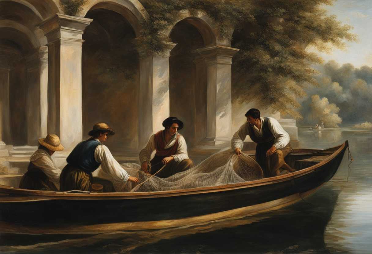 Three-men-in-a-boat-repairing-nets-bathed-in-natural-light-showcasing-traditional-work_mfqn