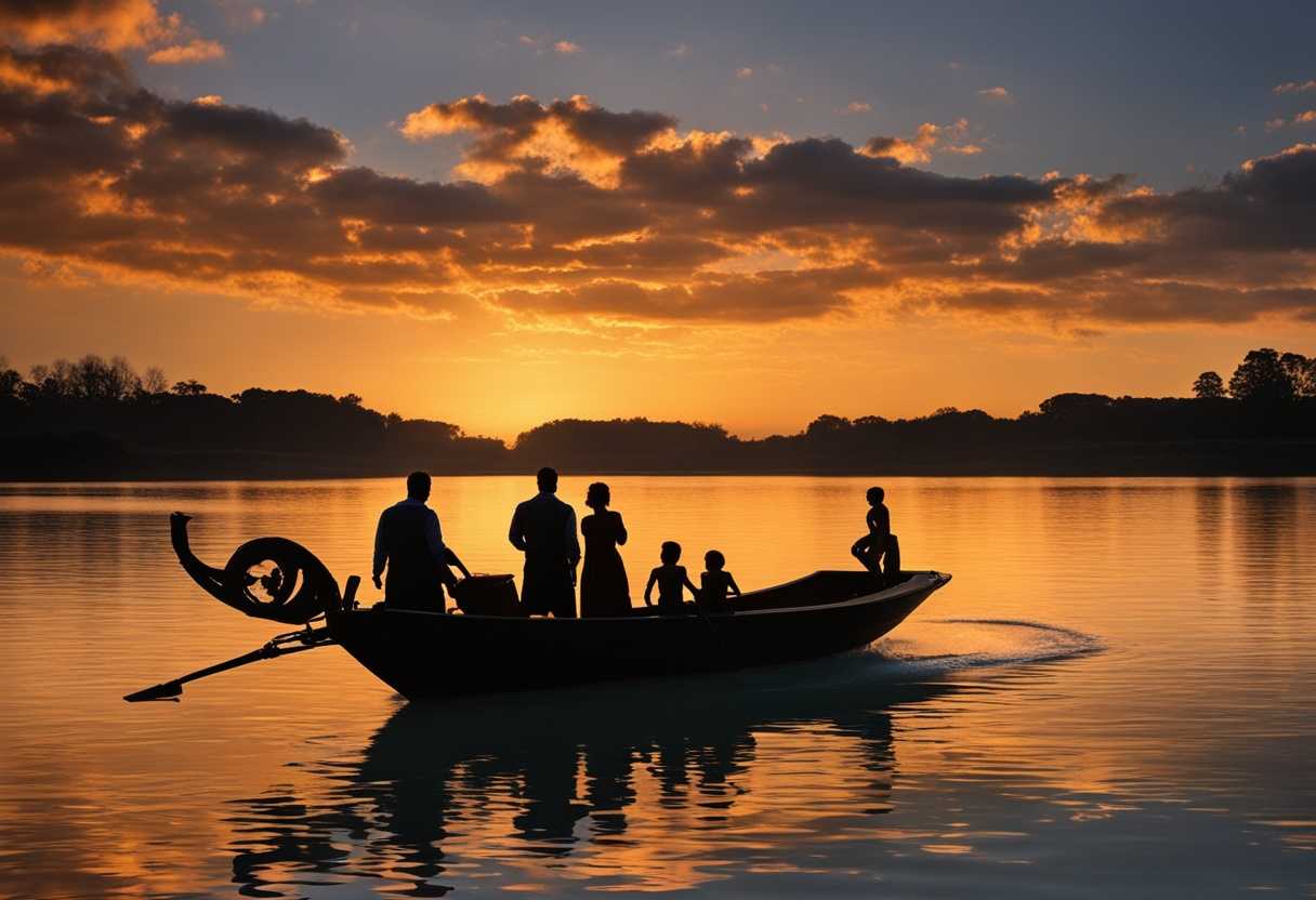 Father-leads-family-off-boat-at-sunset-silhouettes-united-in-determined-stride-towards-future_yfbl