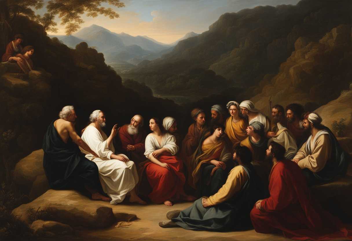 A-diverse-group-of-people-listening-attentively-to-a-spiritual-leader-on-a-tranquil-mountain_bmda