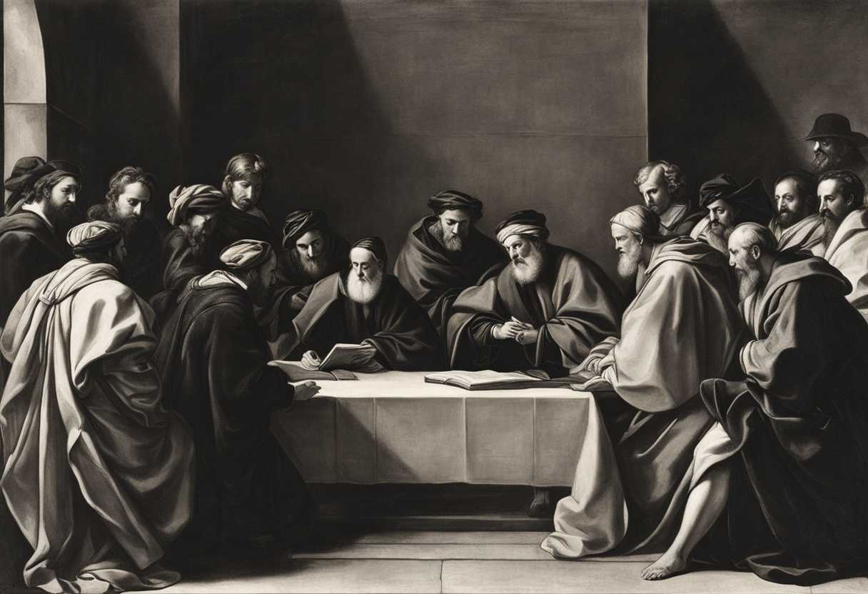 Scribes-and-Pharisees-in-robes-deep-in-discussion-exuding-authority-and-wisdom_emxb