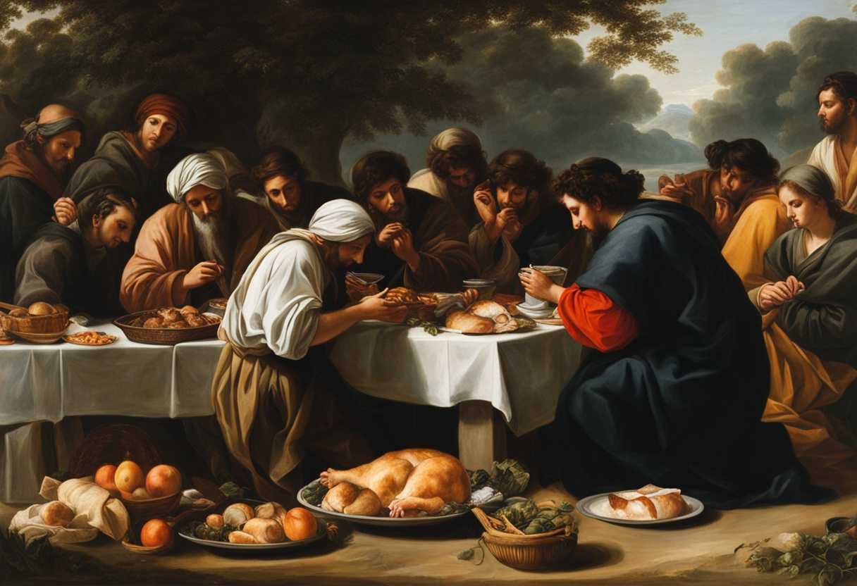 A-group-of-people-in-a-park-sharing-food-with-the-homeless-praying-together-and-showing-genuine-c_iblp