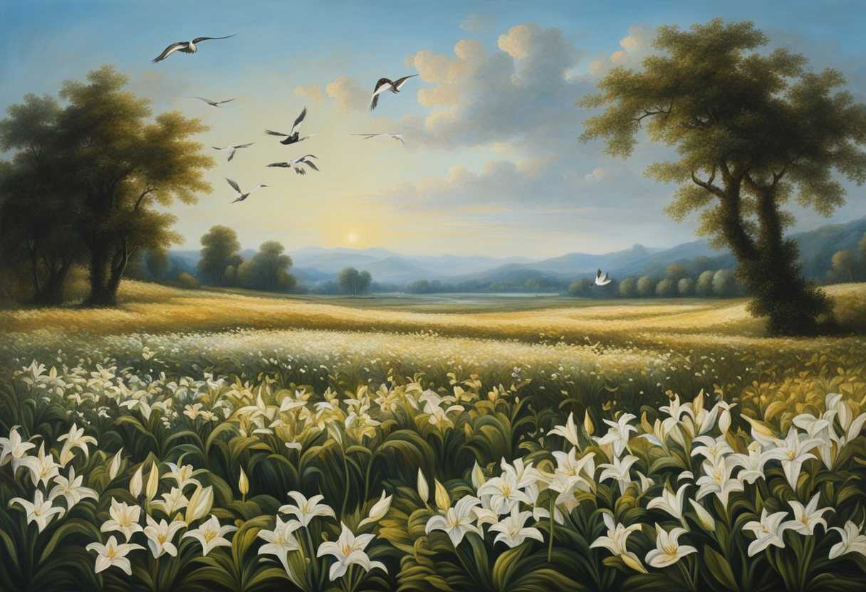 A-tranquil-morning-in-a-lily-filled-field-birds-soaring-under-a-clear-blue-sky_rnjn