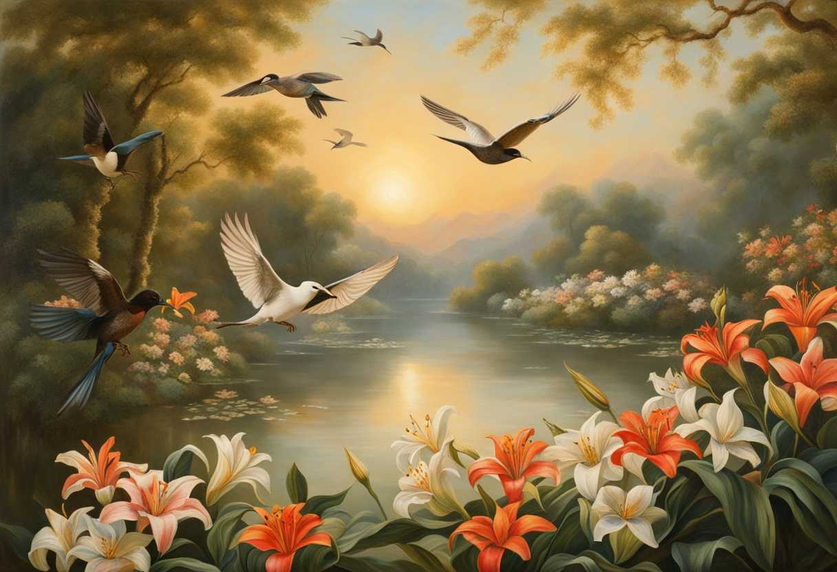 Birds-gracefully-soar-above-blooming-lilies-in-a-tranquil-garden-under-soft-sunlight_adco