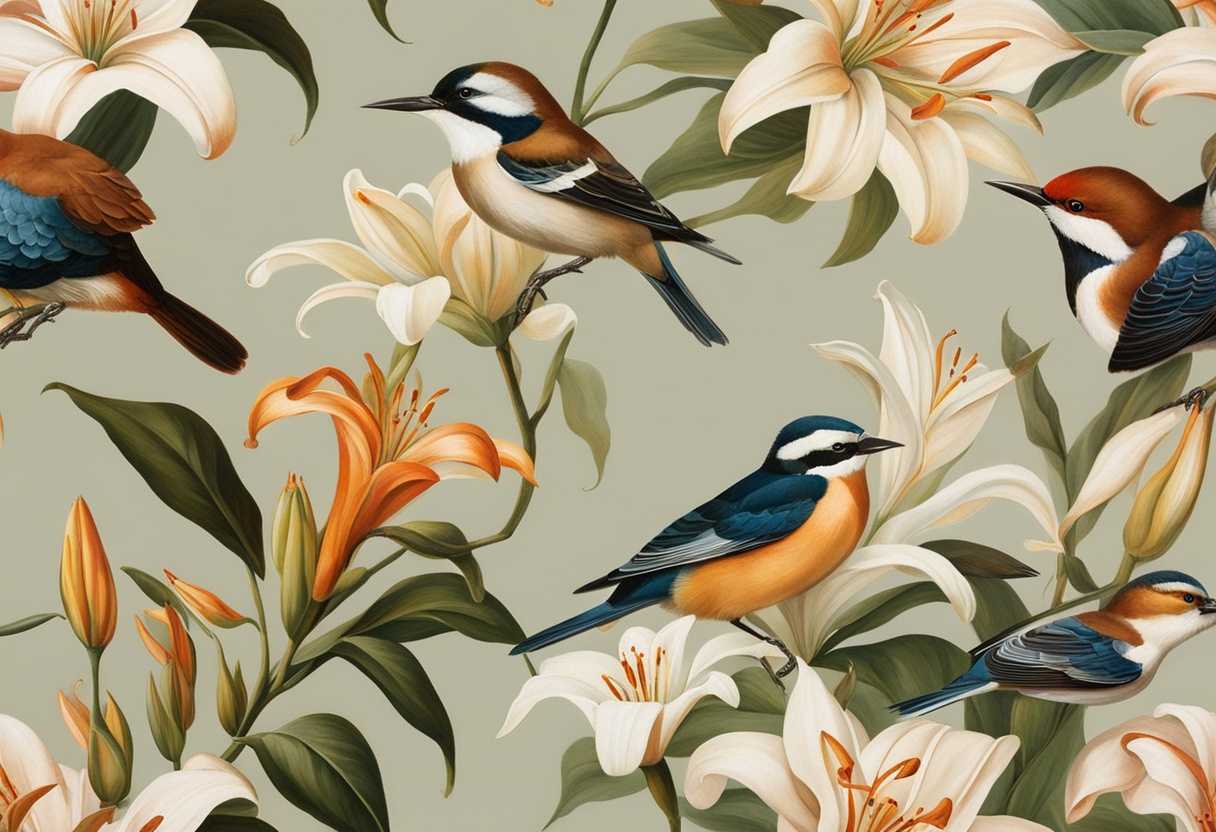 Graceful-birds-soar-above-elegant-lilies-in-soft-sunlight-embodying-timeless-harmony-with-nature_akuz