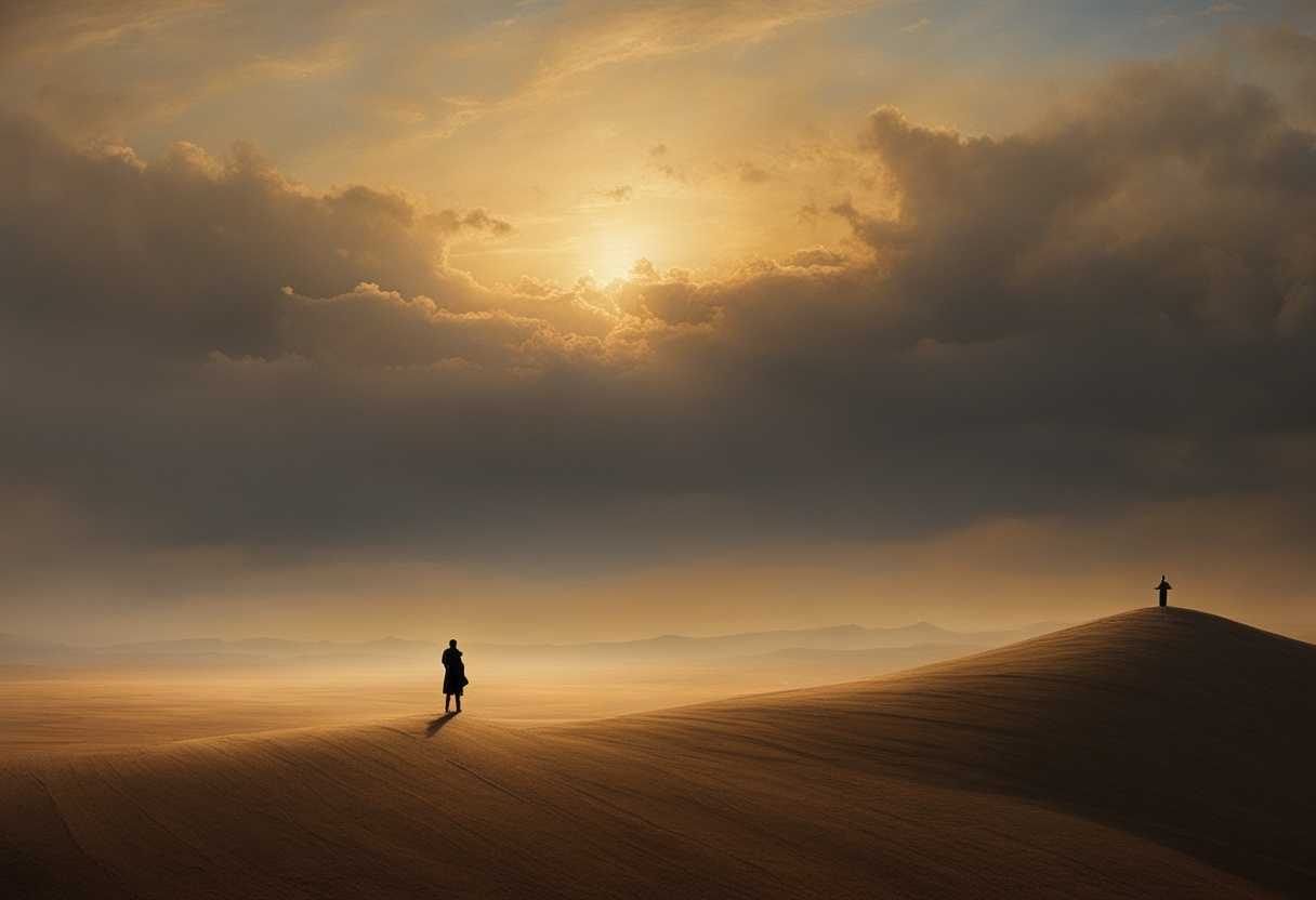 Solitary-figure-in-barren-land-arms-outstretched-towards-sky-bathed-in-warm-sunset-light_fxic
