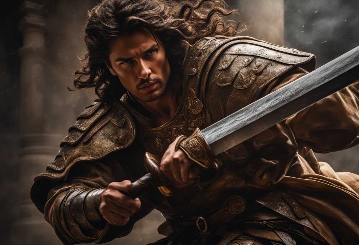 A-warrior-faces-their-enemy-with-unwavering-determination-bathed-in-dramatic-lighting-symbolizing-_igjp