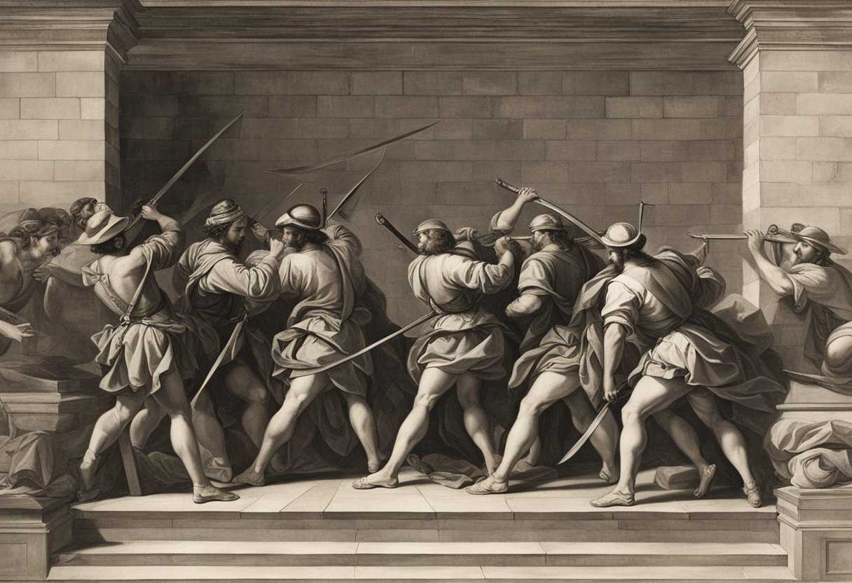 Builders-and-trumpeter-fortifying-a-wall-with-swords-strapped-showing-urgency-strength-and-prepar_jjhc