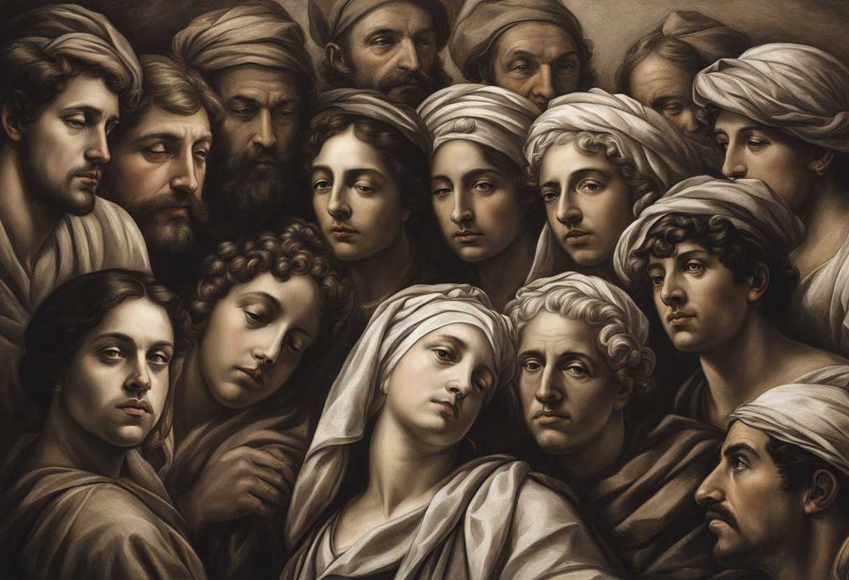 Diverse-group-huddled-together-faces-etched-with-worry-united-in-determination-and-resilience_kckn