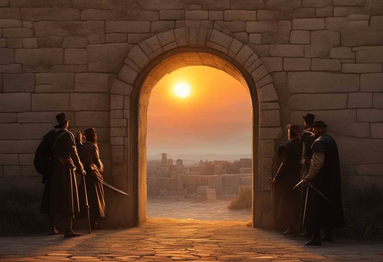 Enemies-stand-near-a-half-built-wall-at-sunset-tense-and-determined-symbolic-gates-without-doors_kuon