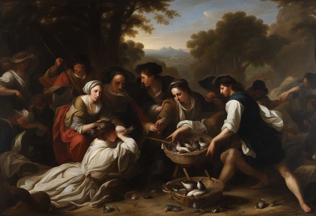 A-group-of-people-frantically-collecting-fallen-quail-in-a-chaotic-camp-scene_cmql