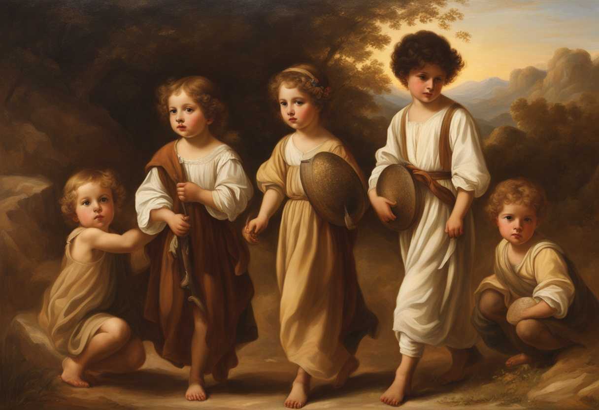 Children-and-shepherds-roam-the-wild-clad-in-earth-tones-under-golden-sunlight-embodying-innocenc_akcq