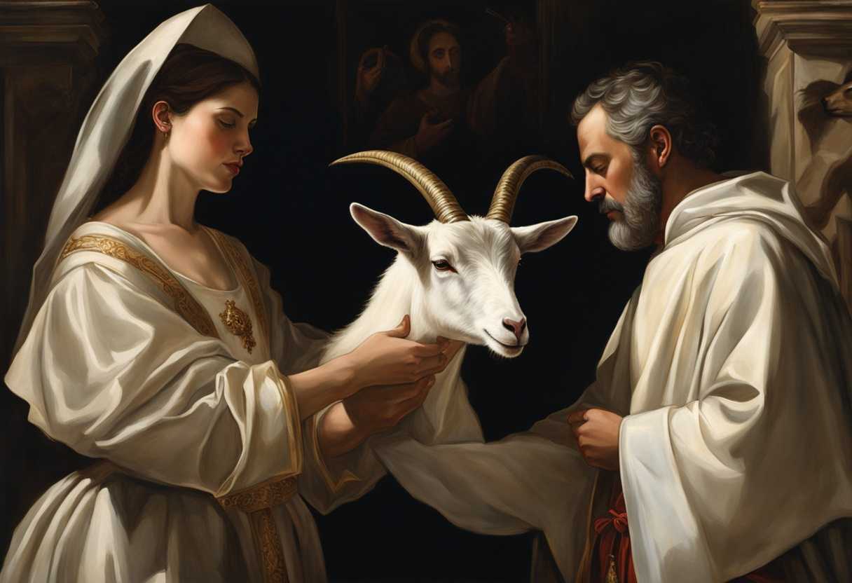 A-female-goat-and-a-priest-engage-in-a-solemn-forgiveness-ritual-symbolizing-a-timeless-bond_xmfk