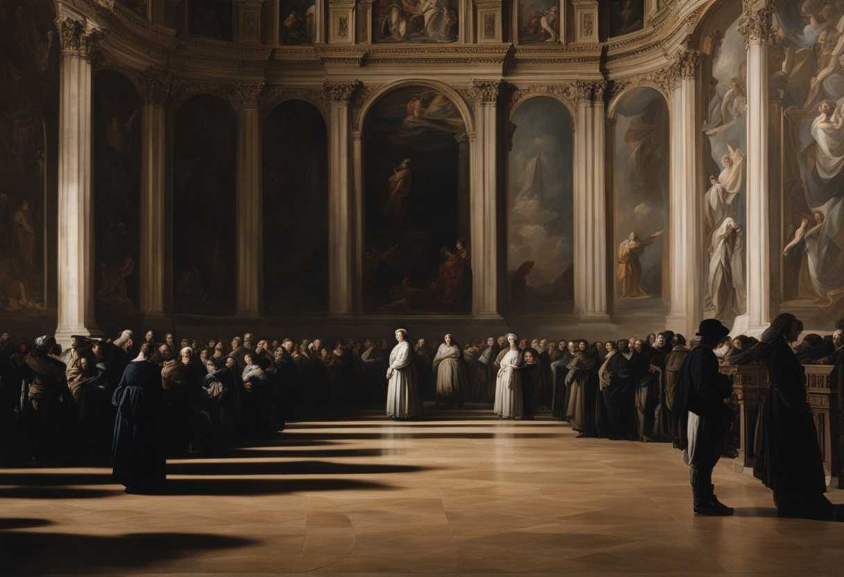 A-lone-figure-stands-apart-from-a-crowded-assembly-bathed-in-stark-light_hdwu