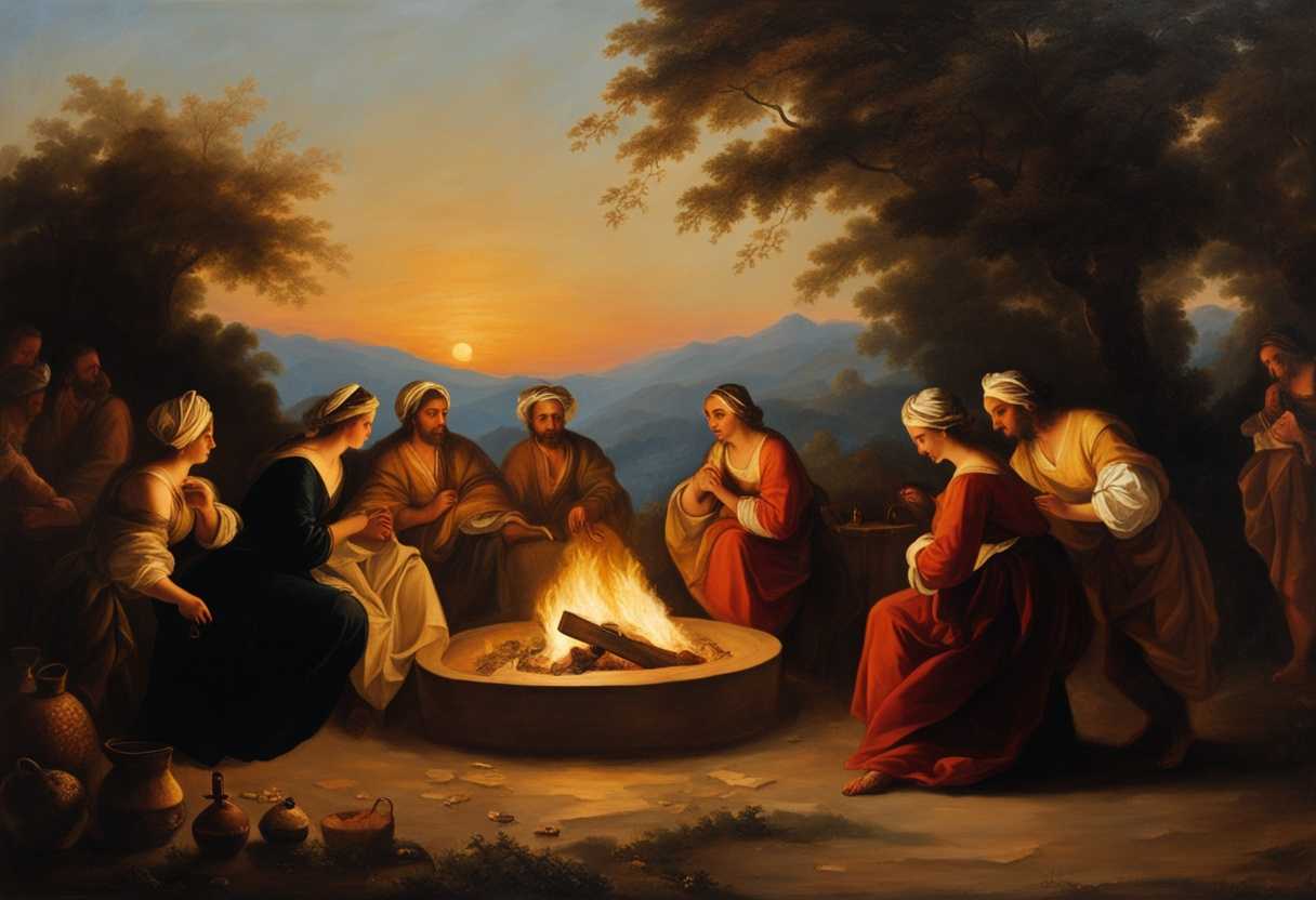People-in-traditional-clothing-encircle-a-small-fire-at-sunset-exuding-tranquility-and-togetherness_qfsu