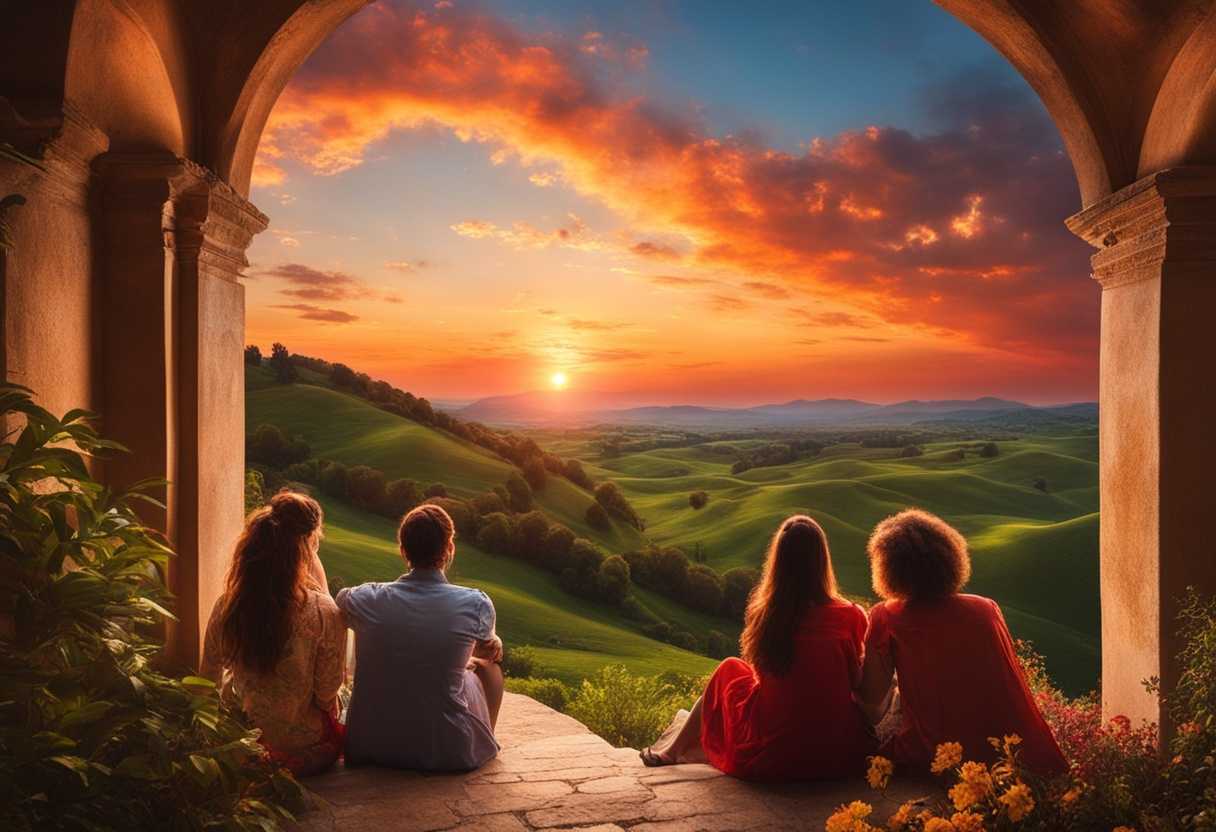 A-group-of-friends-admiring-a-breathtaking-sunset-over-a-colorful-diverse-landscape_xxww