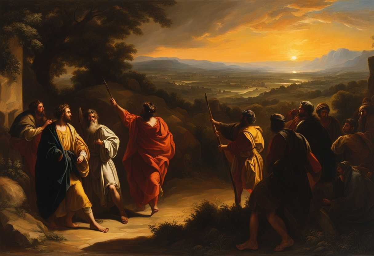 Sunset-scene-Israelites-and-Balaam-confront-Balak-vibrant-robes-against-a-stark-landscape_pwgw