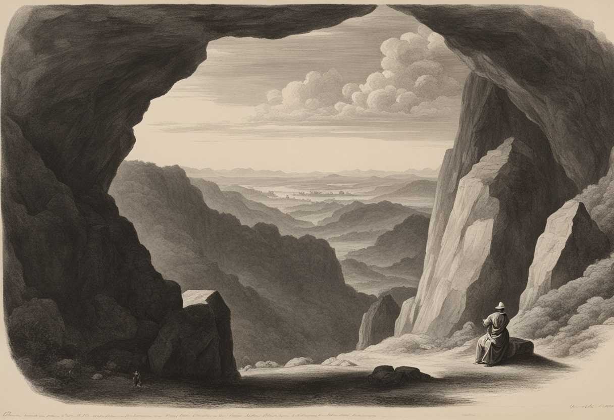 Solitary-figure-gazes-from-crags-at-isolated-group-in-vast-landscape_cuwi