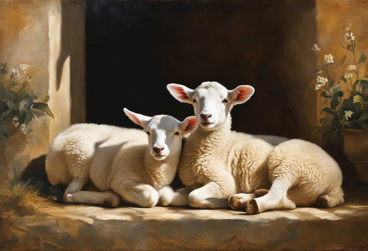 Two-lambs-basking-in-sunlight-embodying-purity-and-strength-in-a-rustic-sacred-setting_wsgu