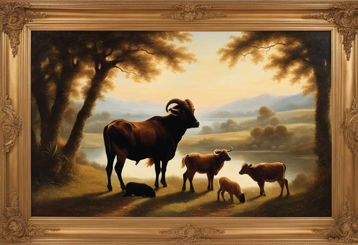 A-serene-meadow-at-dawn-a-majestic-bull-regal-ram-and-gentle-lambs-graze-harmoniously_nwns