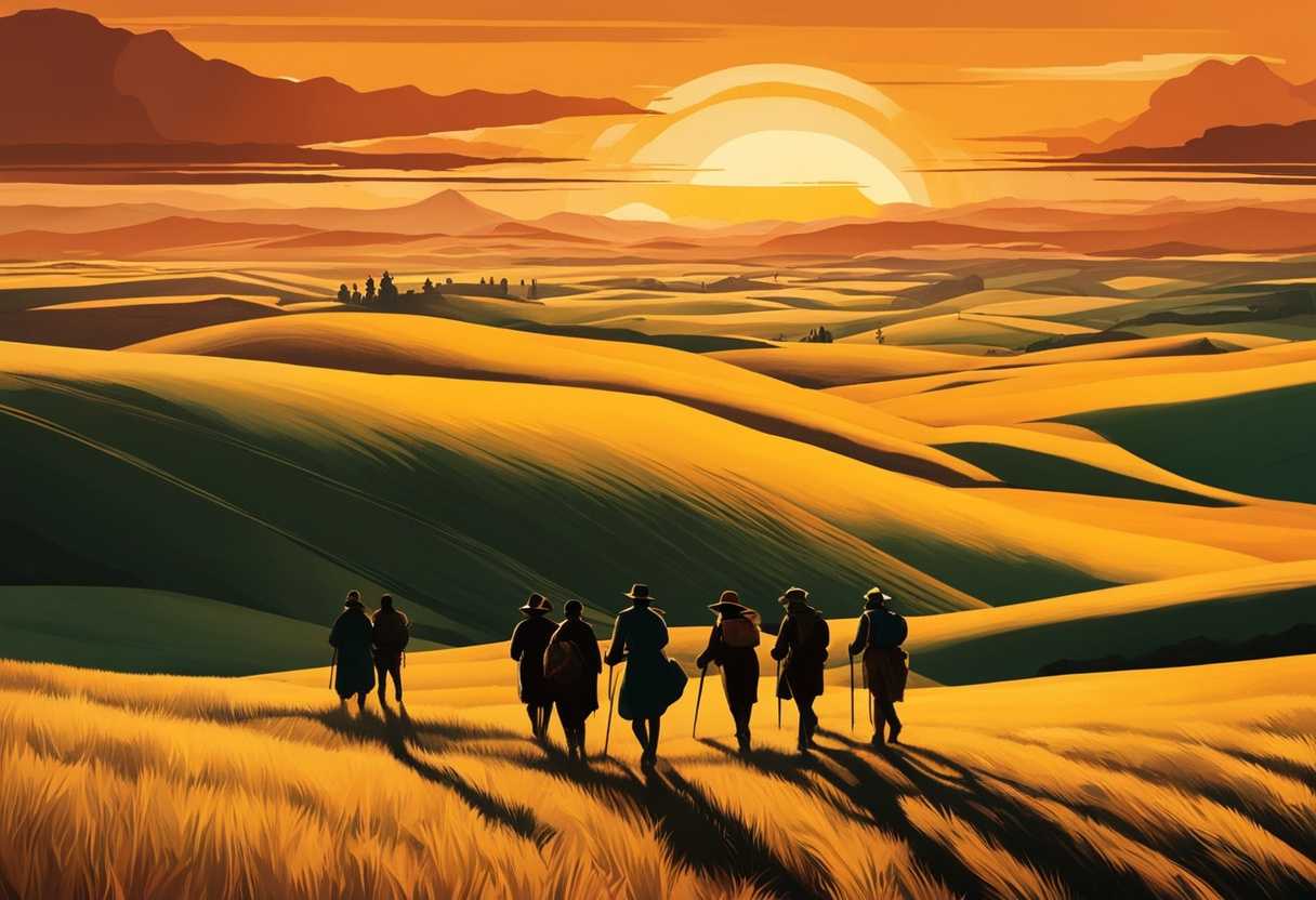 Travelers-trekking-through-vast-landscape-at-sunset-casting-long-shadows-in-warm-light_aqrn