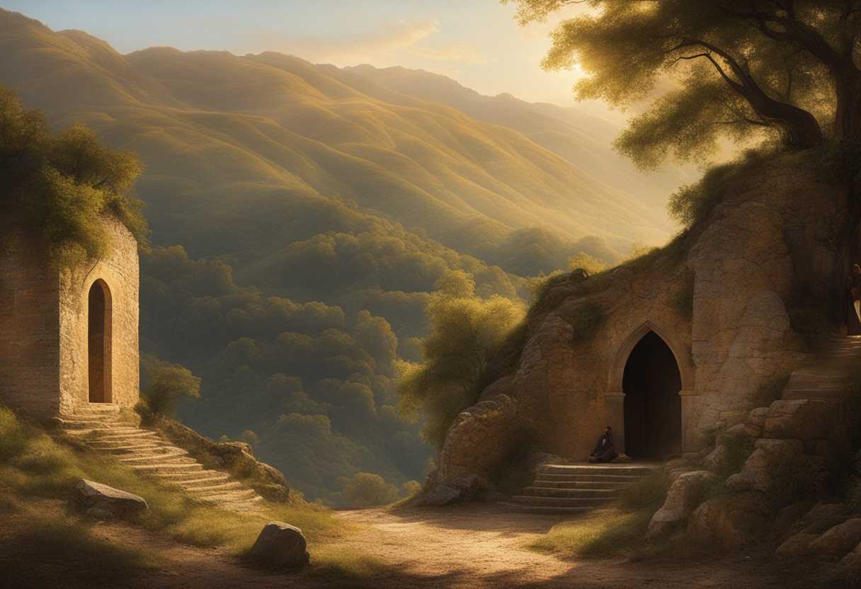 A-serene-refuge-with-ancient-walls-hopeful-seekers-clasping-hands-in-prayer-under-sunlit-hills_kksj