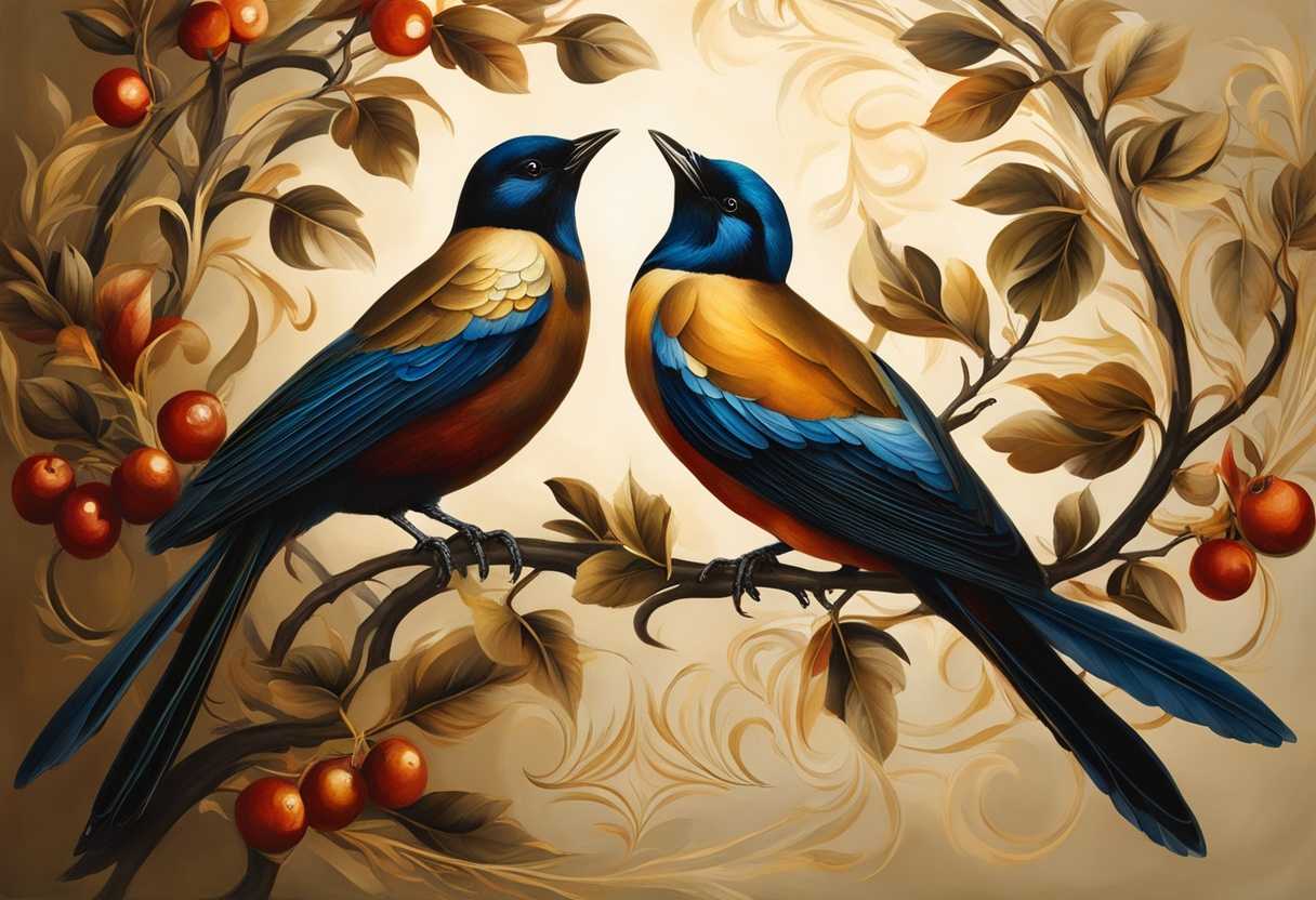 Two-elegant-birds-perched-on-a-branch-feathers-shimmering-in-sunlight-showcasing-intricate-pattern_kdtz