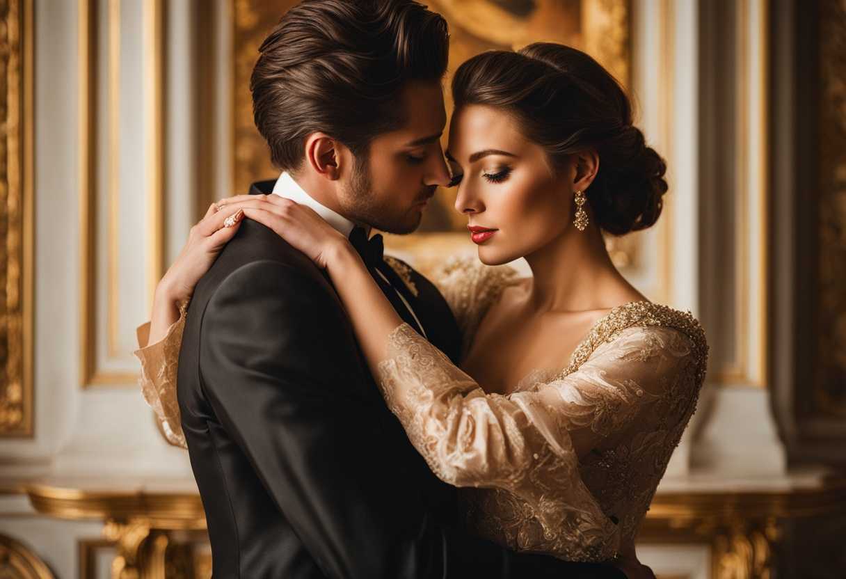 A-couple-embraces-in-a-golden-lit-room-exuding-timeless-elegance-and-love_kexs