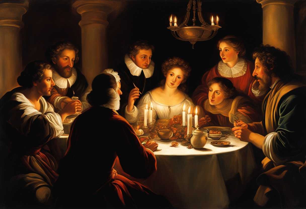 A-cozy-gathering-around-a-candlelit-table-filled-with-animated-conversation-and-camaraderie_flol