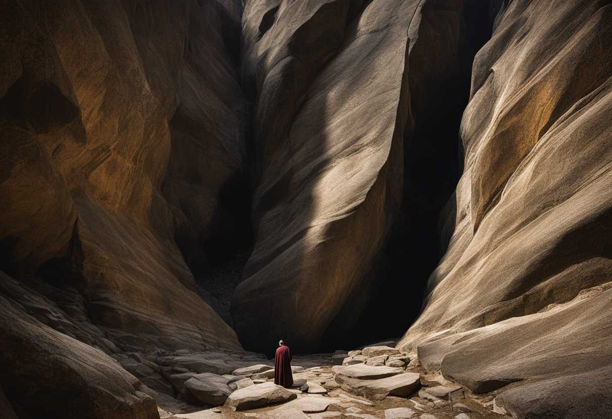 A-lone-figure-stands-defiantly-in-a-rocky-cleft-bathed-in-dramatic-light_giis