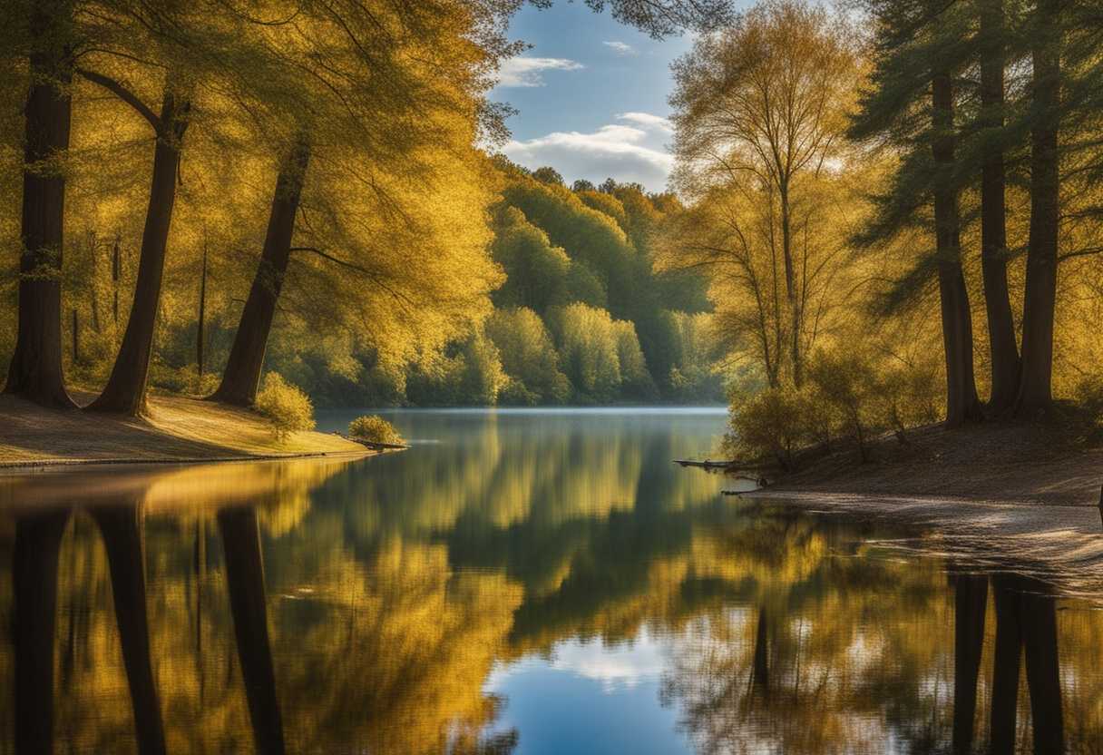 Tranquil-lake-reflects-sunlit-trees-creating-a-mesmerizing-mirror-effect-in-serene-setting_zdph