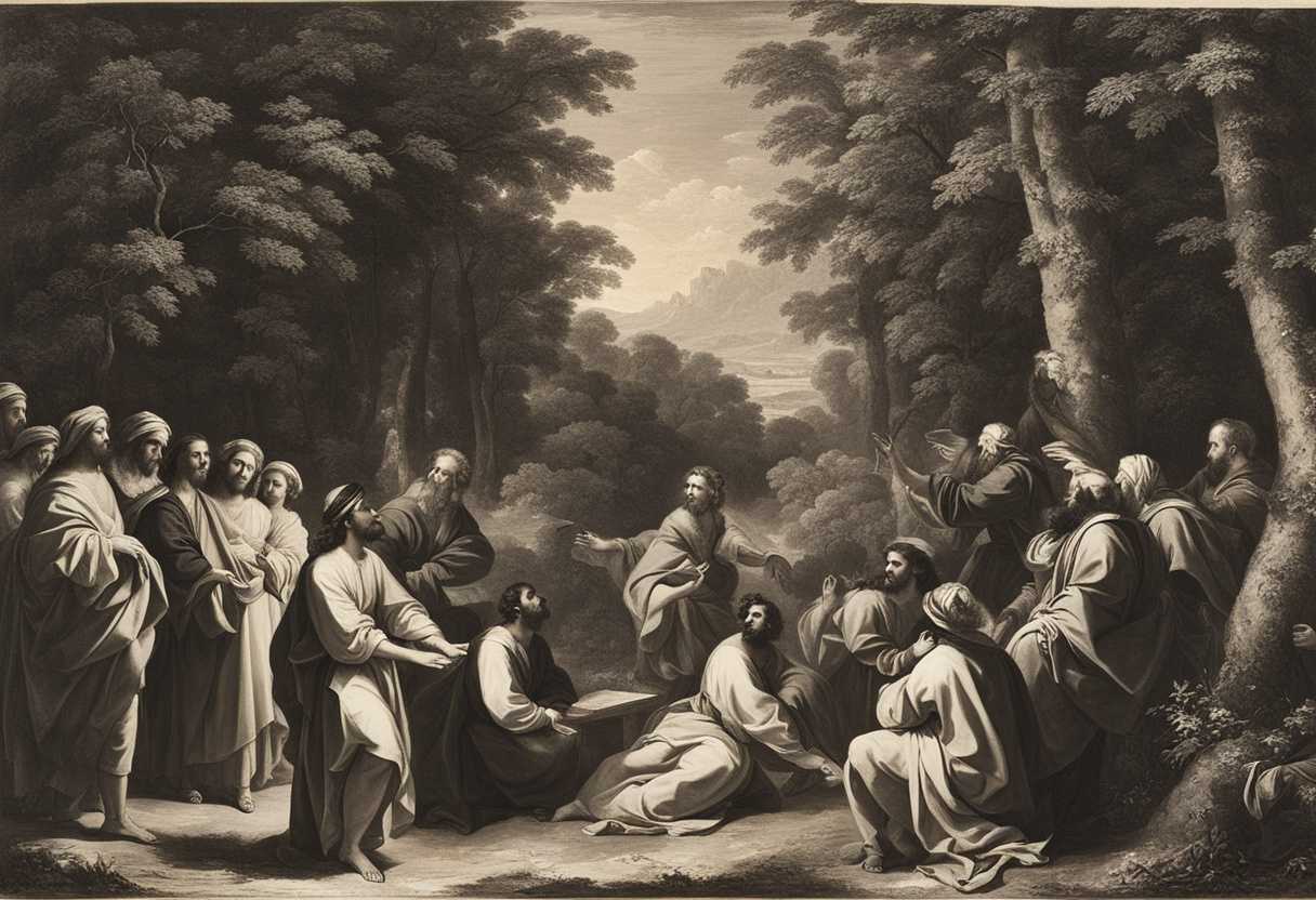 A-circle-of-believers-passionately-preaching-about-Christ-in-a-sunlit-forest-clearing_vzxm