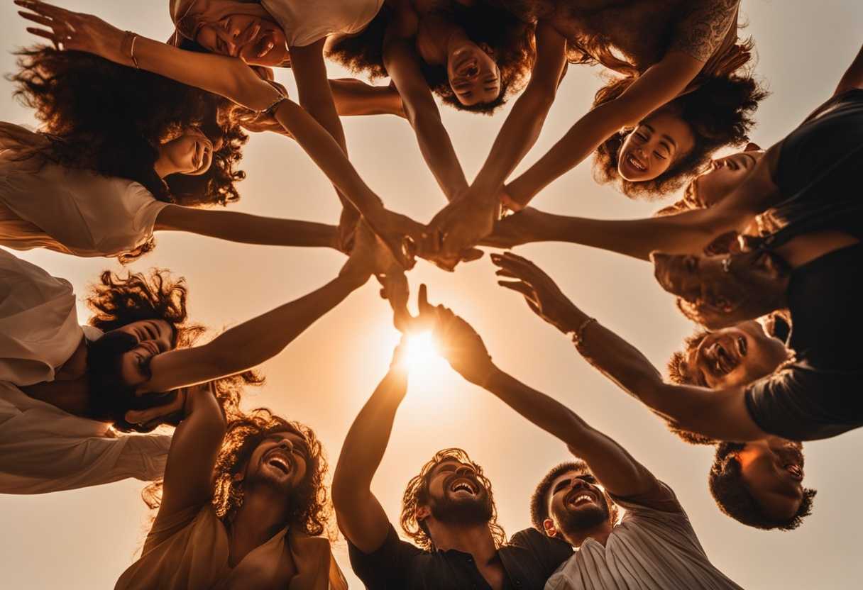People-in-a-circle-at-sunset-laughing-and-connecting-genuine-smiles-relaxed-poses-heartwarming-s_xyxd