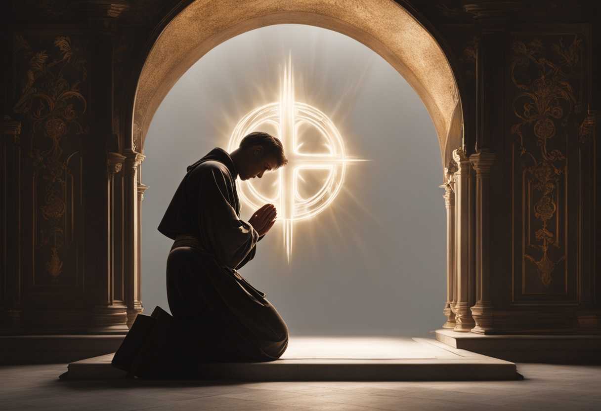 A-person-kneels-in-prayer-before-a-glowing-religious-symbol-enveloped-in-peaceful-contemplation_cpbr